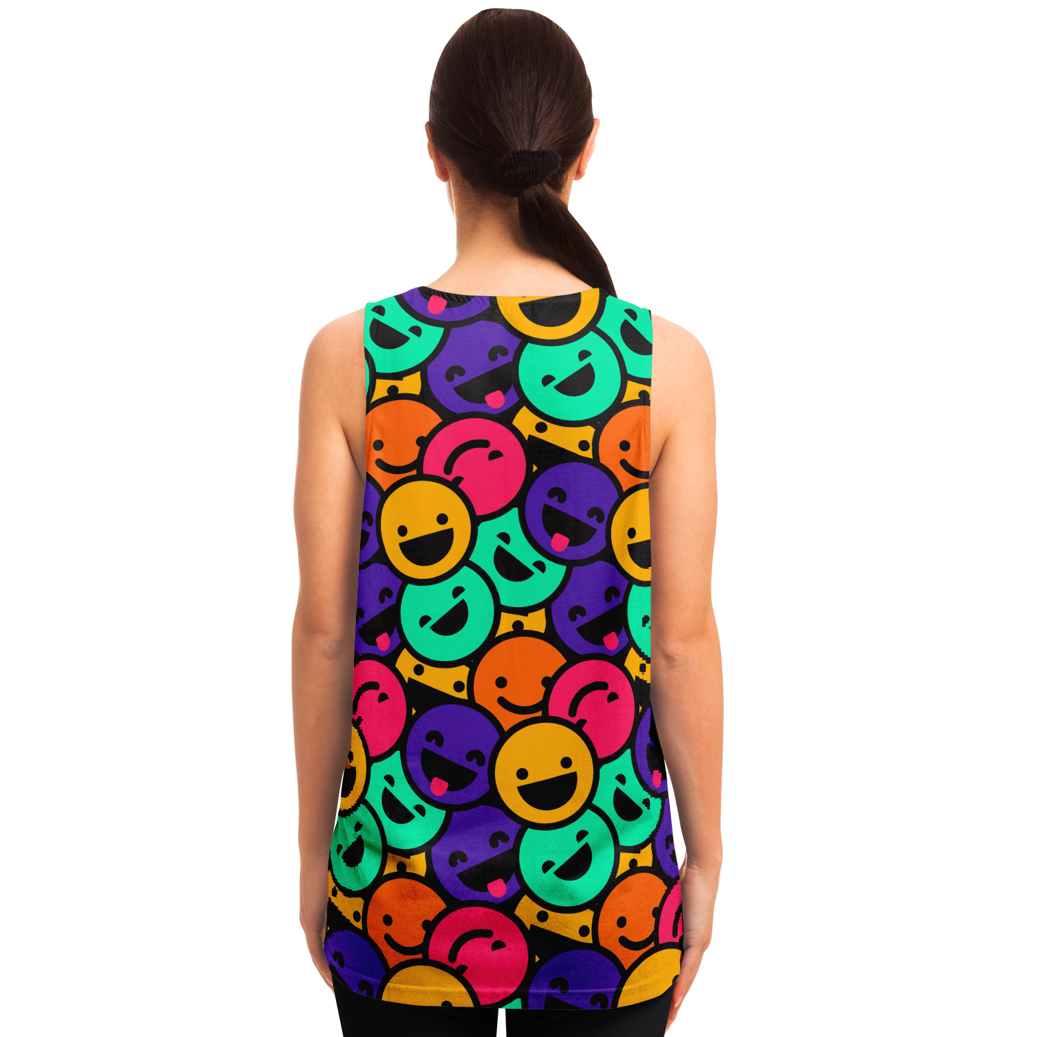 Rear view of woman in Smiley Print Tank Top showcasing vibrant smiley face pattern
