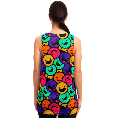 Rear view of woman in Smiley Print Tank Top showcasing vibrant smiley face pattern