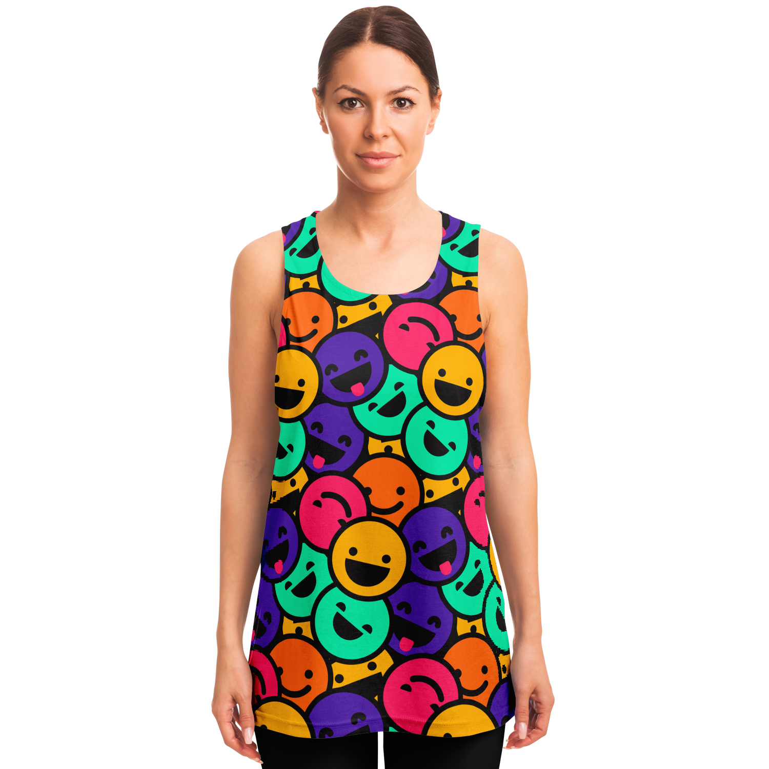 Female model wearing colorful Smiley Print Tank Top with bold cheerful graphics
