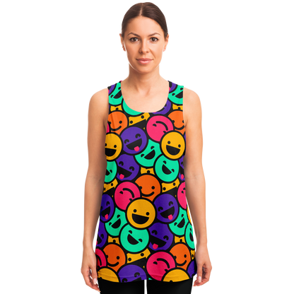 Female model wearing colorful Smiley Print Tank Top with bold cheerful graphics