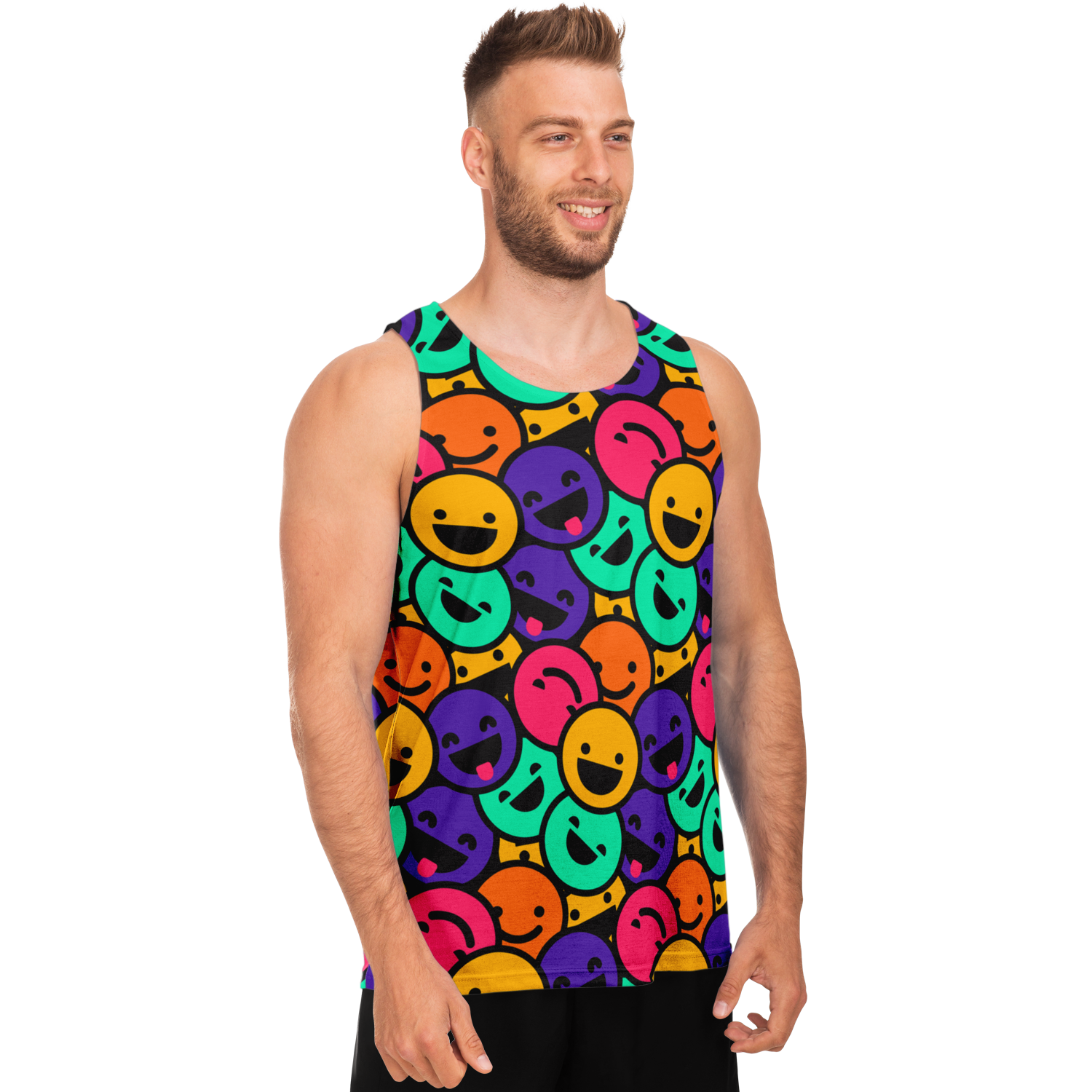 Angled front pose of male model in Smiley Print Tank Top displaying full happy pattern