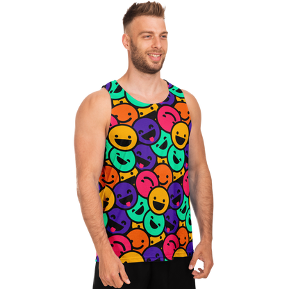 Angled front pose of male model in Smiley Print Tank Top displaying full happy pattern