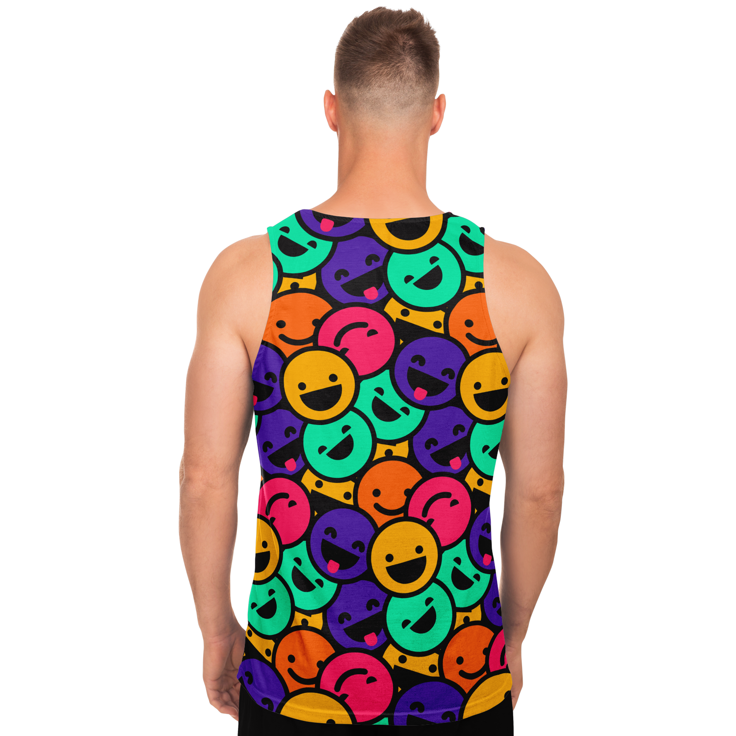 Back view of male model wearing Smiley Print Tank Top with repeating joyful print