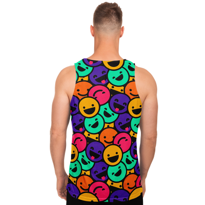  Back view of male model wearing Smiley Print Tank Top with repeating joyful print