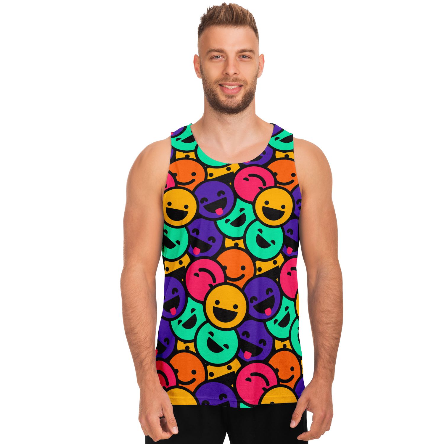 Male model facing forward in Smiley Print Tank Top covered with multicolored smiling emojis