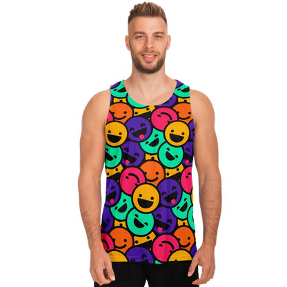 Male model facing forward in Smiley Print Tank Top covered with multicolored smiling emojis