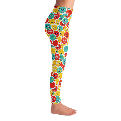 Smiley Stretch Leggings – Right side view with vibrant and cheerful motif flow