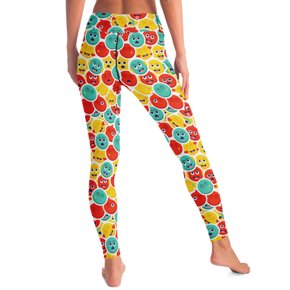 Smiley Stretch Leggings – Diagonal pose capturing the playful and joyful design in motion