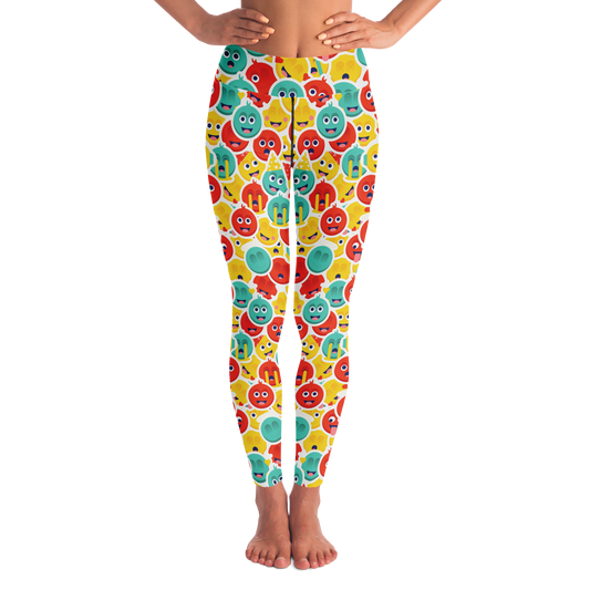  Smiley Stretch Leggings – Front view with colorful happy face pattern on white base