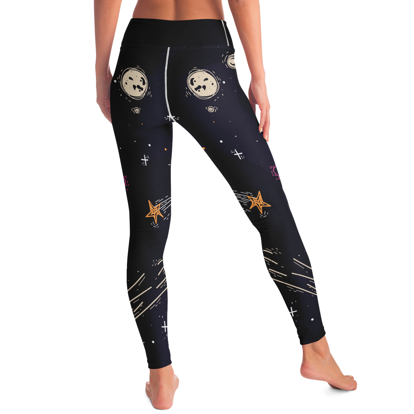 Starry Nights Leggings – Playful stance with radiant stars and planetary details in motion