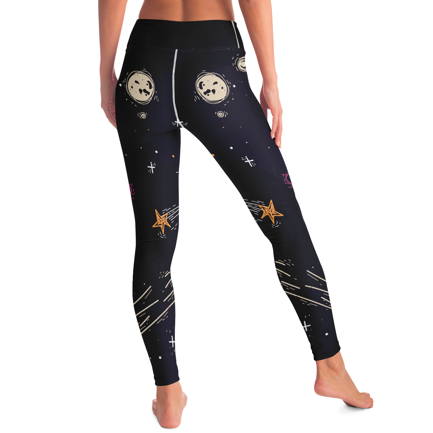 Starry Nights Leggings – Playful stance with radiant stars and planetary details in motion