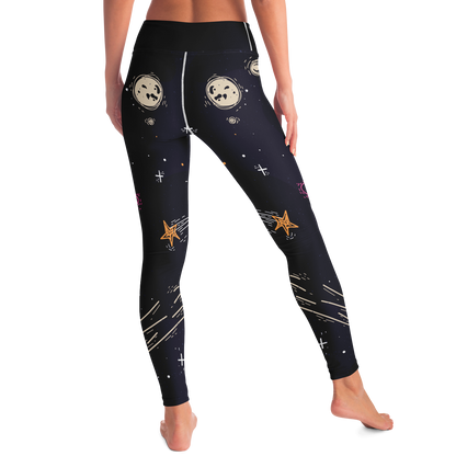 Starry Nights Leggings – Playful stance with radiant stars and planetary details in motion