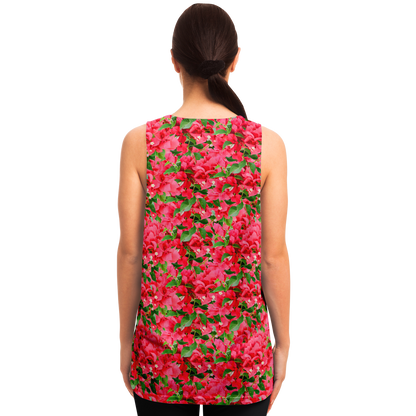 Back view of female model wearing Tropical Bloom Tank Top with bright hibiscus floral design