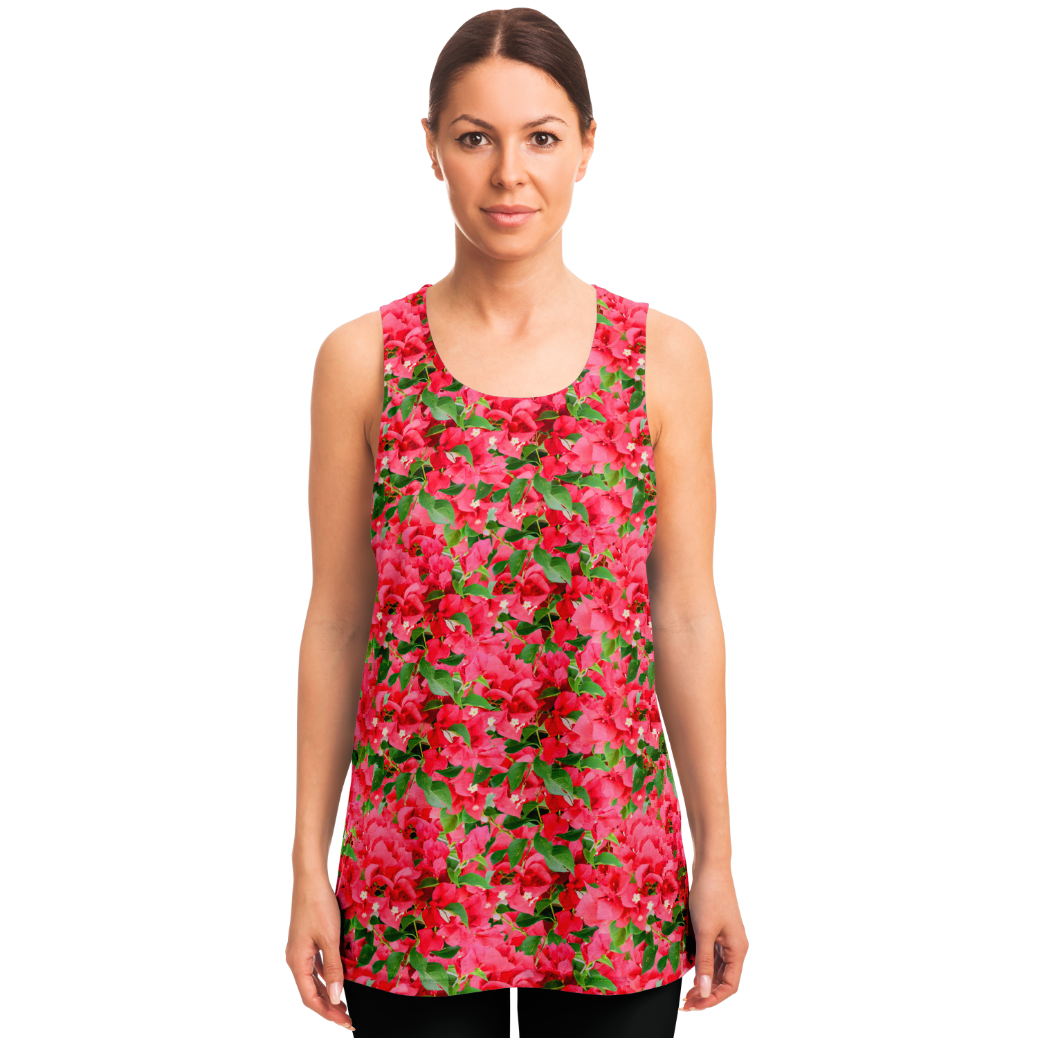  Front view of woman modeling Tropical Bloom Tank Top with vivid floral print