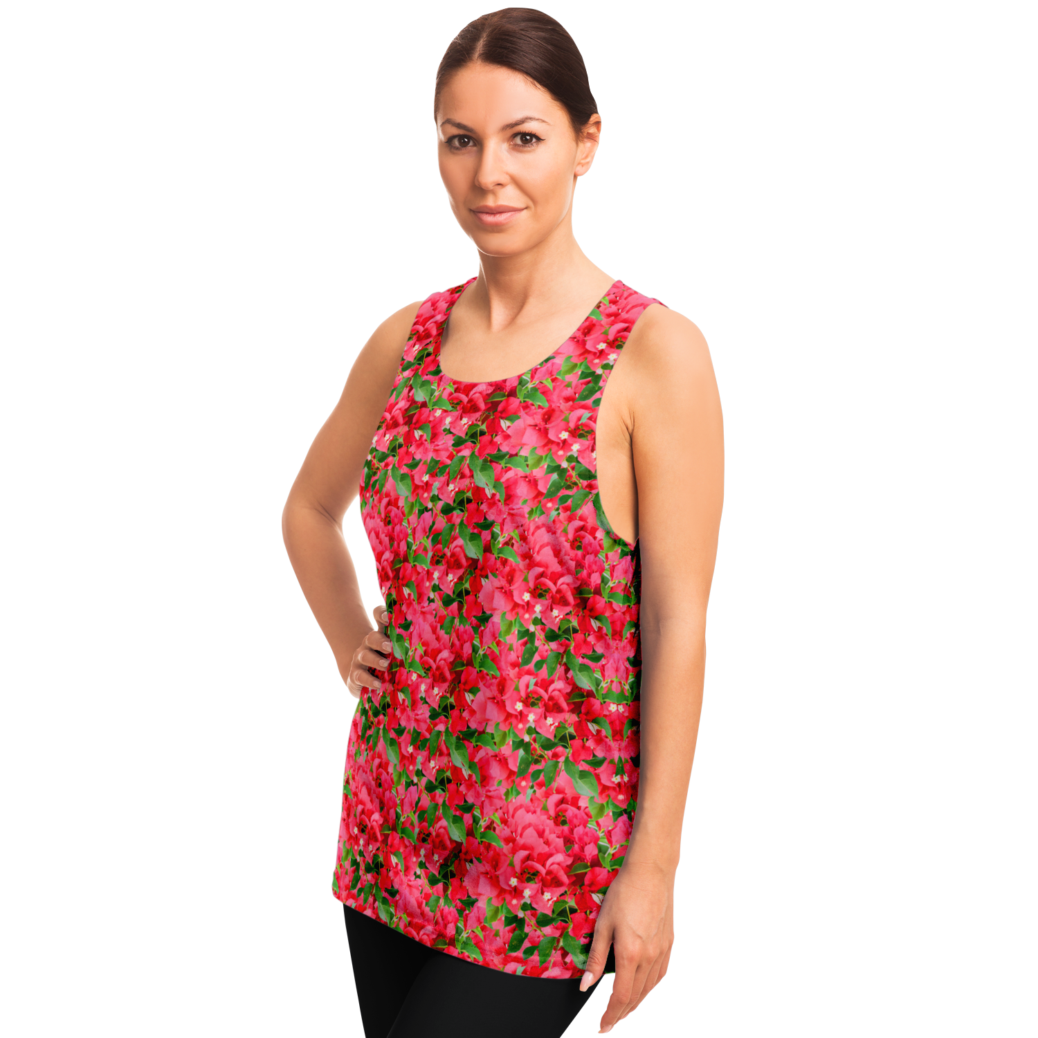 Side profile of female model in Tropical Bloom Tank Top featuring pink and green botanical graphics