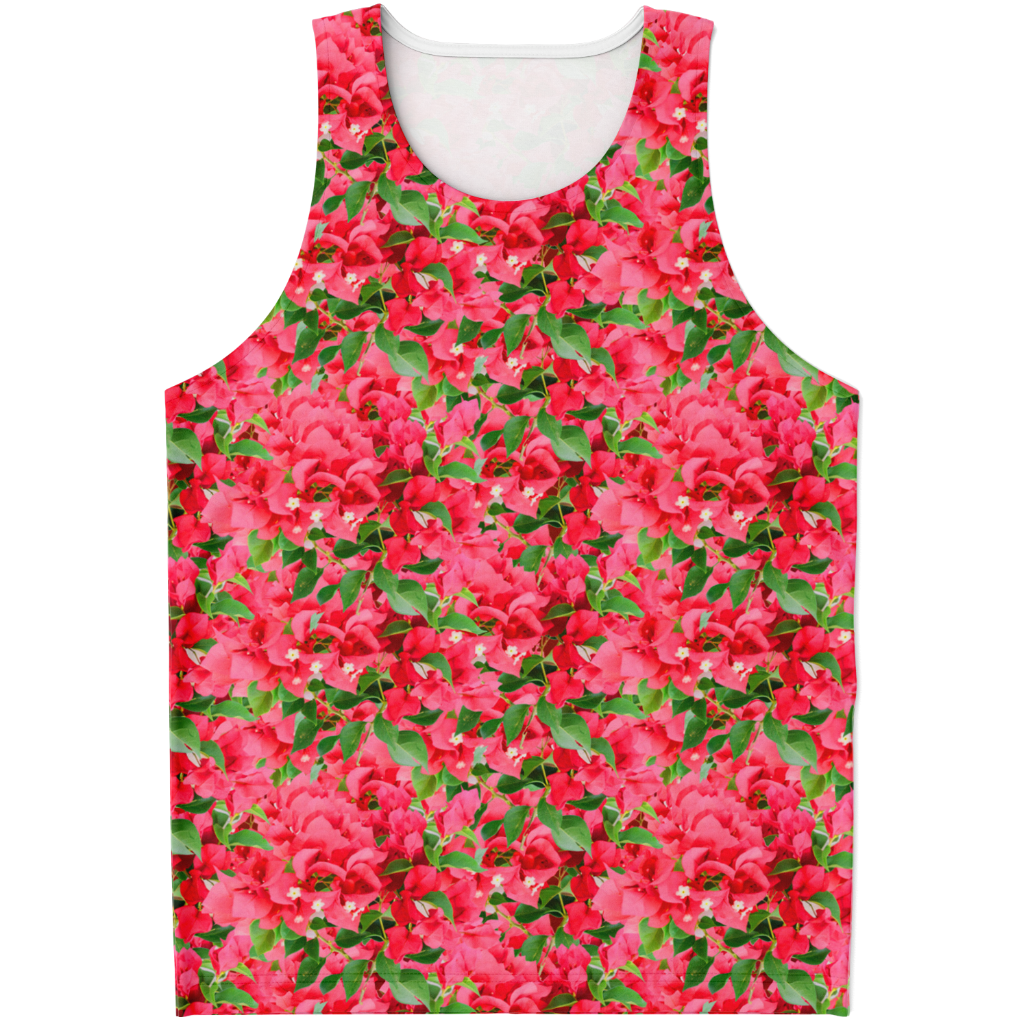 Flatlay front view of Tropical Bloom Tank Top featuring an all-over red floral print on lush green leaves