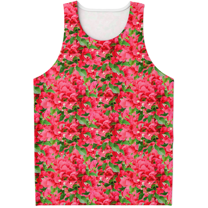 Flatlay front view of Tropical Bloom Tank Top featuring an all-over red floral print on lush green leaves