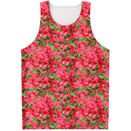 Flatlay front view of Tropical Bloom Tank Top featuring an all-over red floral print on lush green leaves