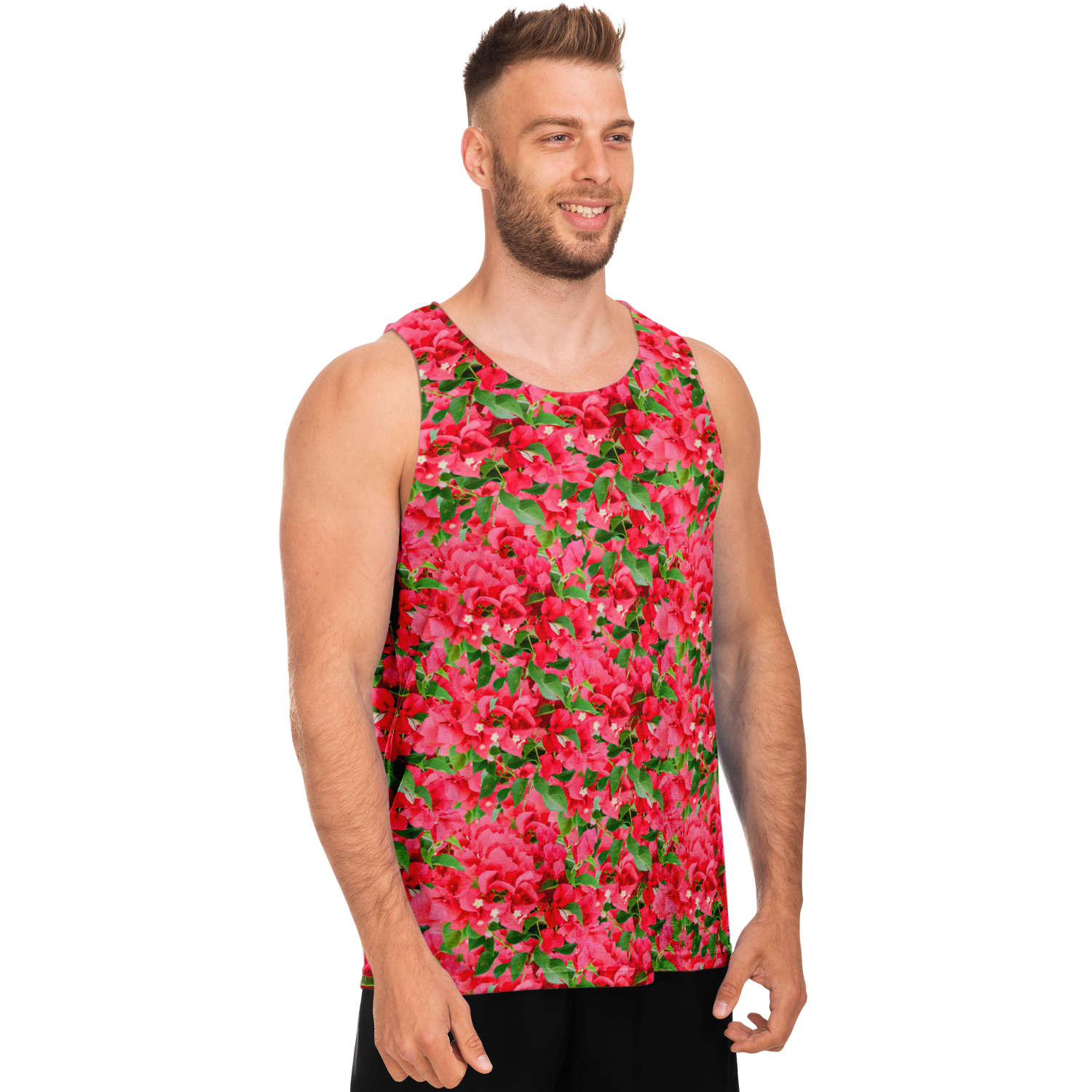  Angled side view of male model in bright floral-themed Tropical Bloom Tank Top