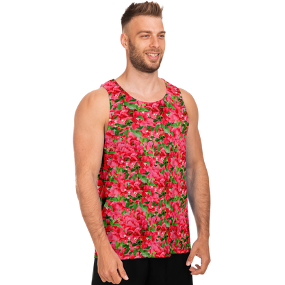  Angled side view of male model in bright floral-themed Tropical Bloom Tank Top