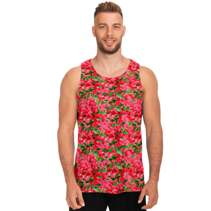  Male model front view in Tropical Bloom Tank Top with vibrant red flowers and green foliage