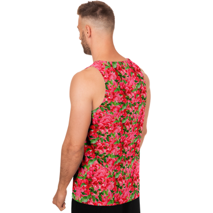 Side profile of man wearing Tropical Bloom Tank Top with detailed hibiscus flower design