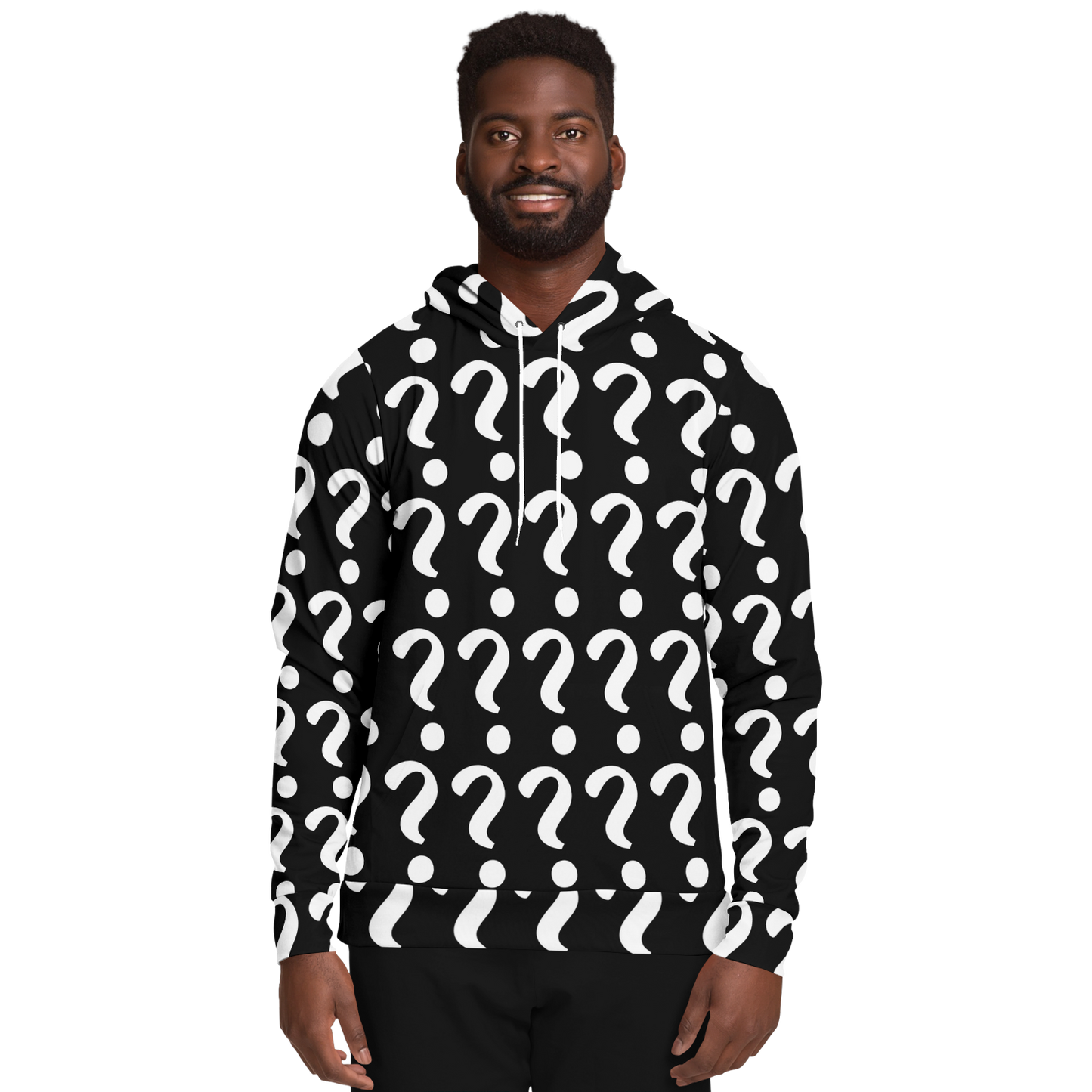  Male model in Custom Print Hoodie, front view with bold question mark template for personalization
