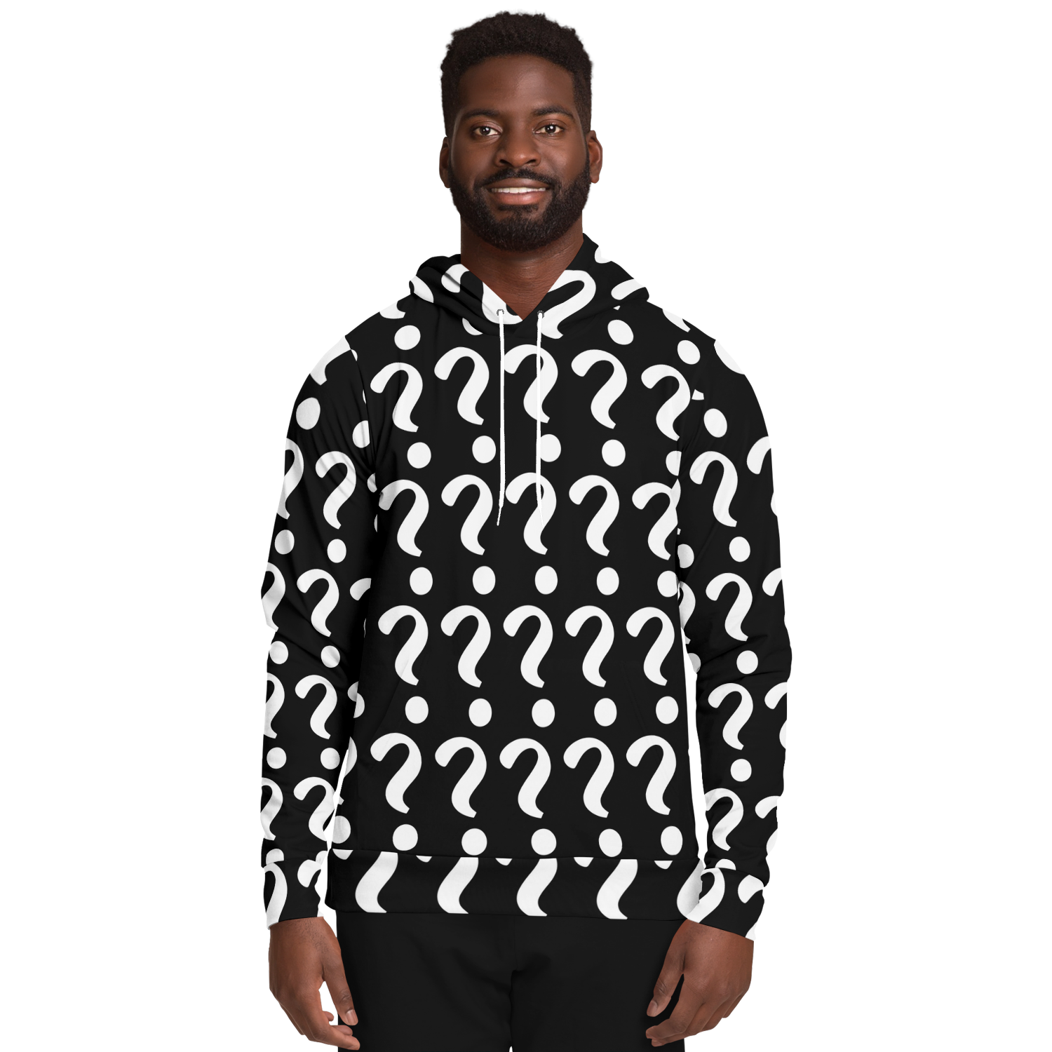  Male model in Custom Print Hoodie, front view with bold question mark template for personalization