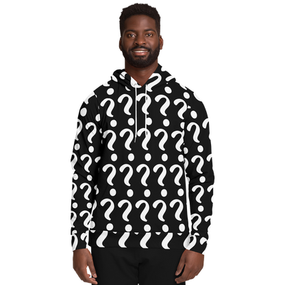  Male model in Custom Print Hoodie, front view with bold question mark template for personalization