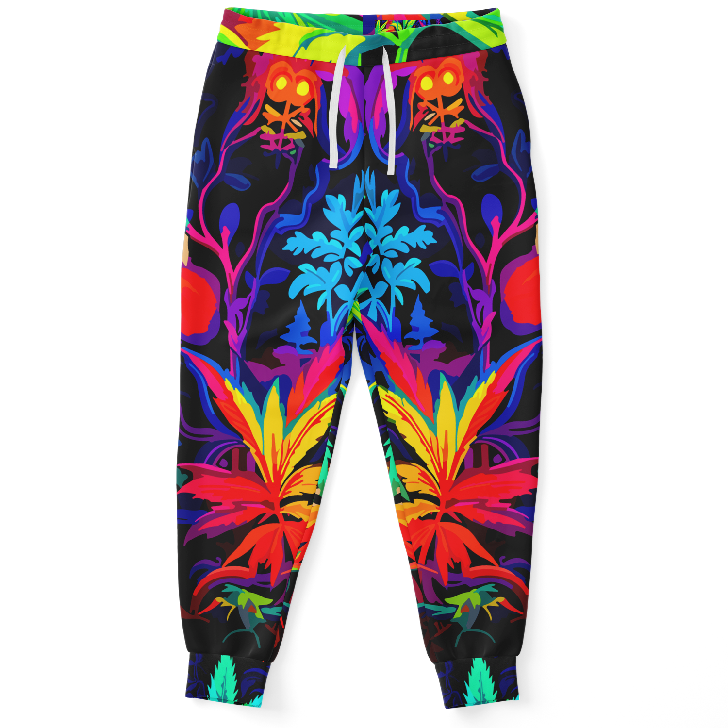 Front view of Vibrant Leaf joggers with matching tropical foliage print