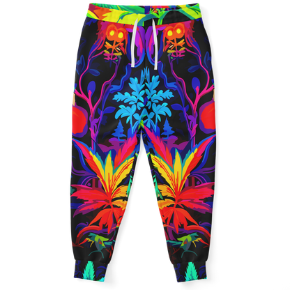 Front view of Vibrant Leaf joggers with matching tropical foliage print