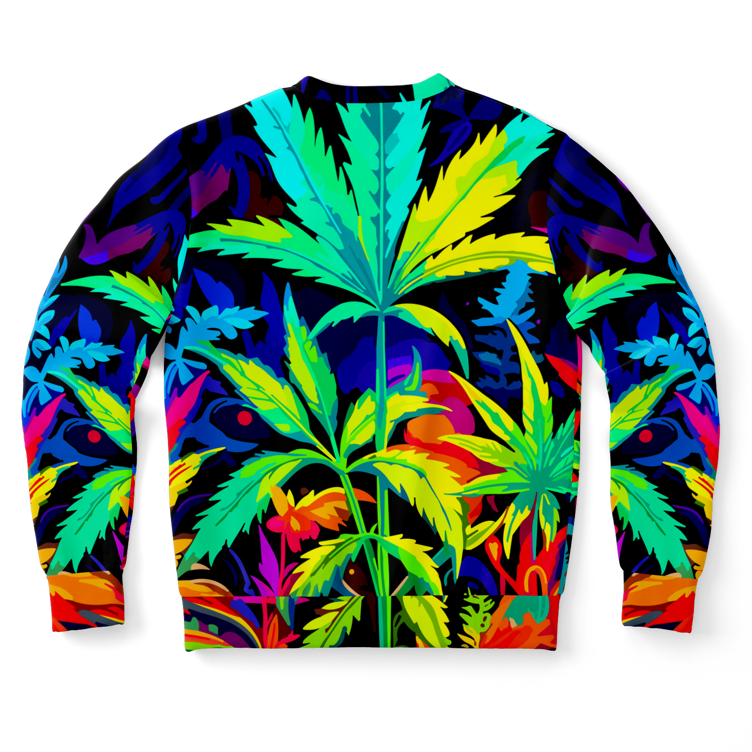 Back of sweatshirt showing full coverage of vivid leaf print in red, green, and blue tones