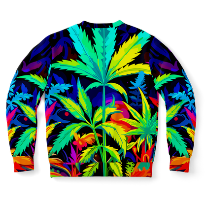 Back of sweatshirt showing full coverage of vivid leaf print in red, green, and blue tones