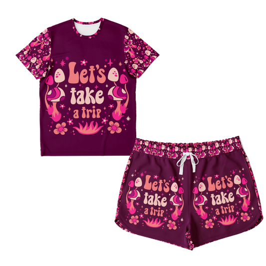Front view of Wander Vibe co-ord set with graphic T-shirt and shorts laid flat

