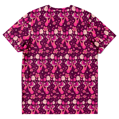 Back of Wander Vibe co-ord T-shirt with all-over pink graphic pattern