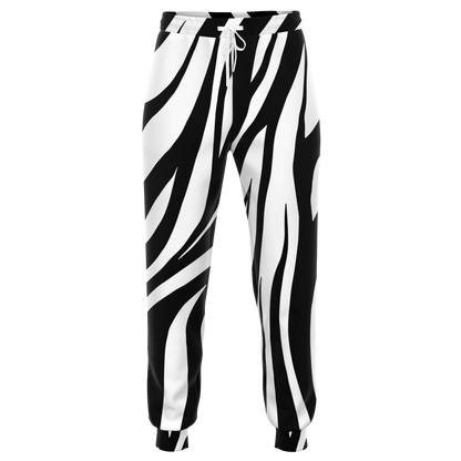Zebra Print Joggers – Front view with bold black and white striped pattern